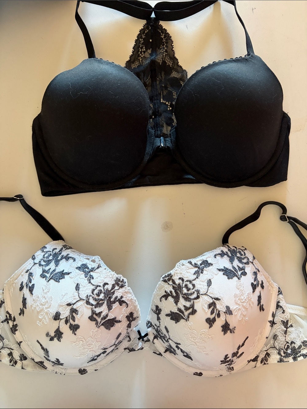 Victoria's Secret Black Lace Racerback Bra and White Floral Lace Push-Up Bra